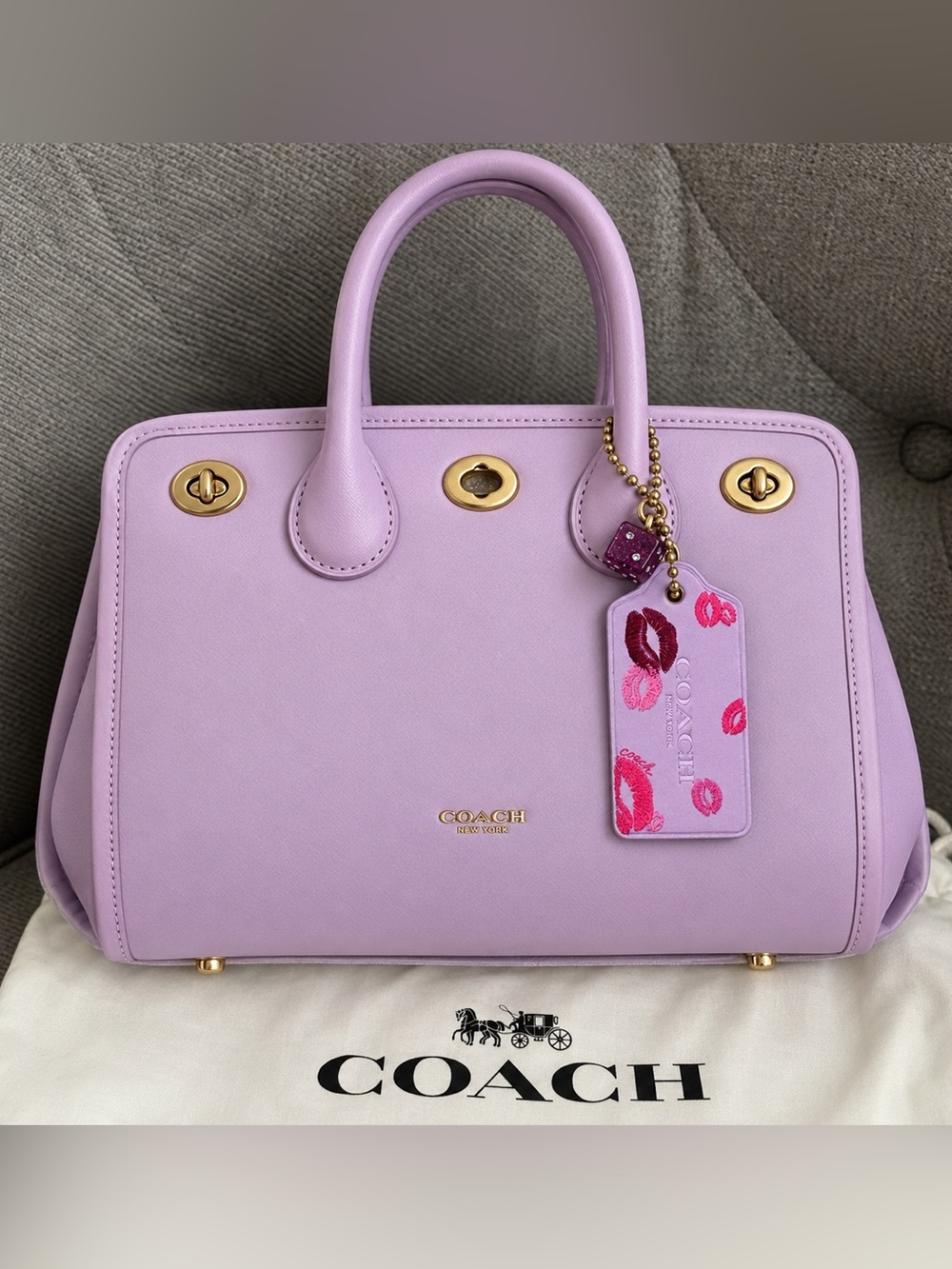 Coach large hangtag with dark purple dice charm cluster